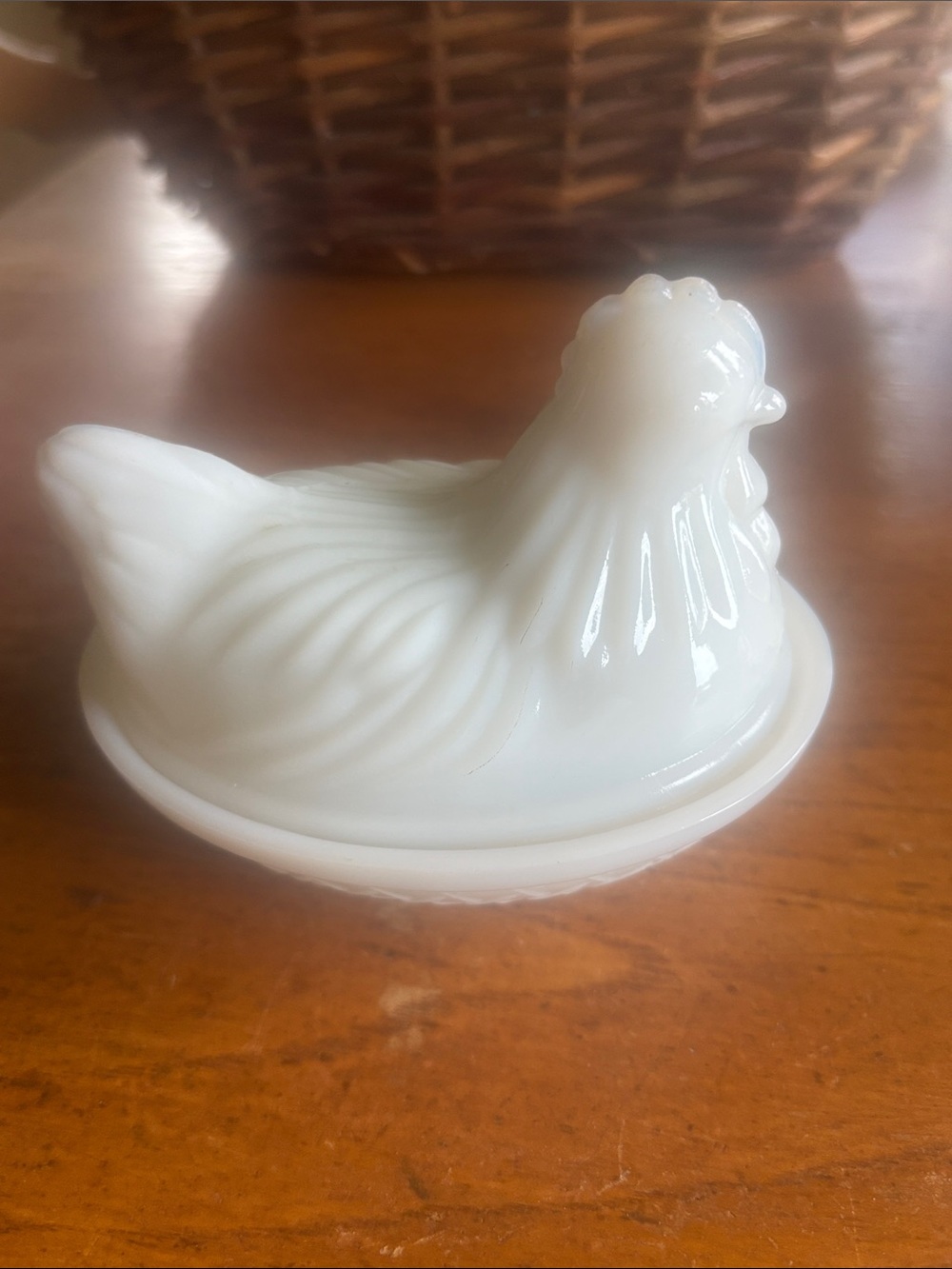 Vintage Hazel Atlas molded milk glass hen on a nest trinket dish